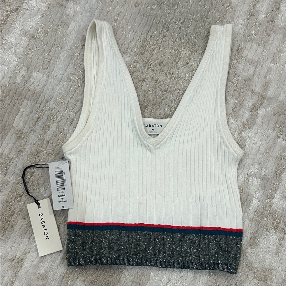 Babaton White Ribbed Tank with Red and Black Accents